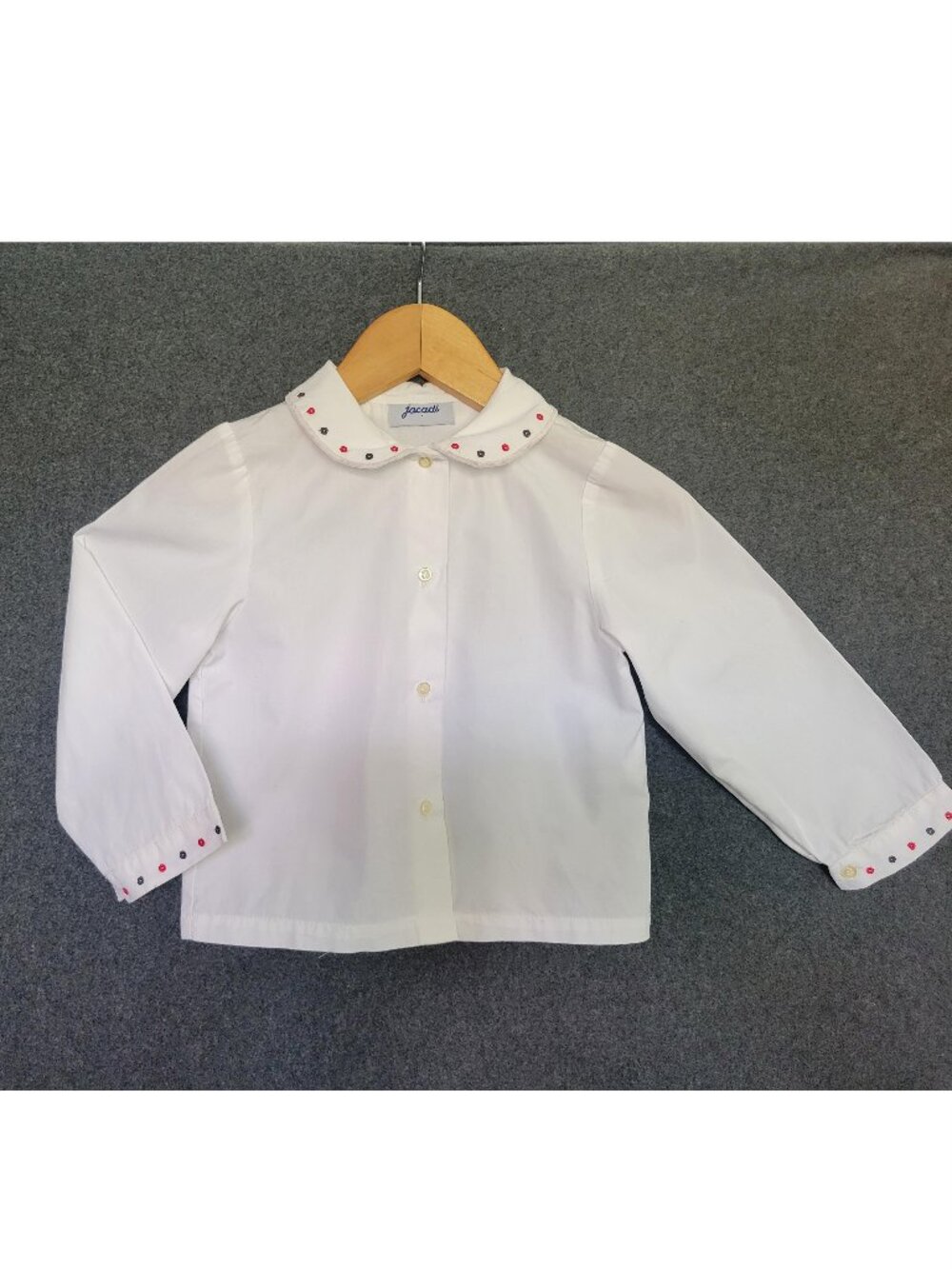 Jacadi Girls 3Y White Cotton Peter Pan Collar Button Up Shirt Trim Embroidered